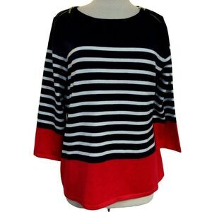 Spence Navy Nautical Stripe Knit Pullover Top Sz L Shoulder Zippers 3/4 Sleeves